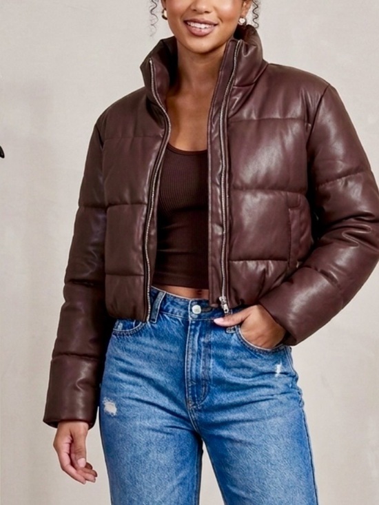 Fashion Nova Jackets & Blazers - Fashion Nova Faux Leather Cropped Puffer Jacket Chocolate Brown